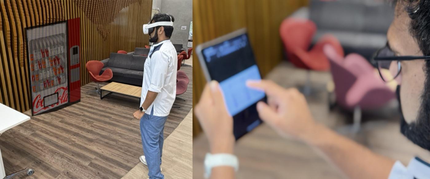 Left: a participant in the headset facing the vending machine. Right: the tablet photo capture used to build the personalised avatar