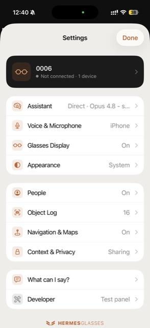 The settings hub, showing the assistant, People, Object Log and Context and Privacy controls