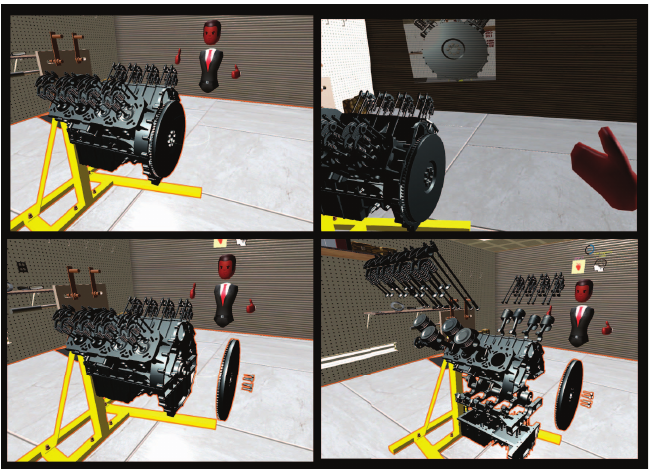 Twelve tasks, four easy, four medium, four hard The task, clockwise from top left: the assembled engine, the instruction showing which part to remove, the part removed, and the engine progressively taken apart.