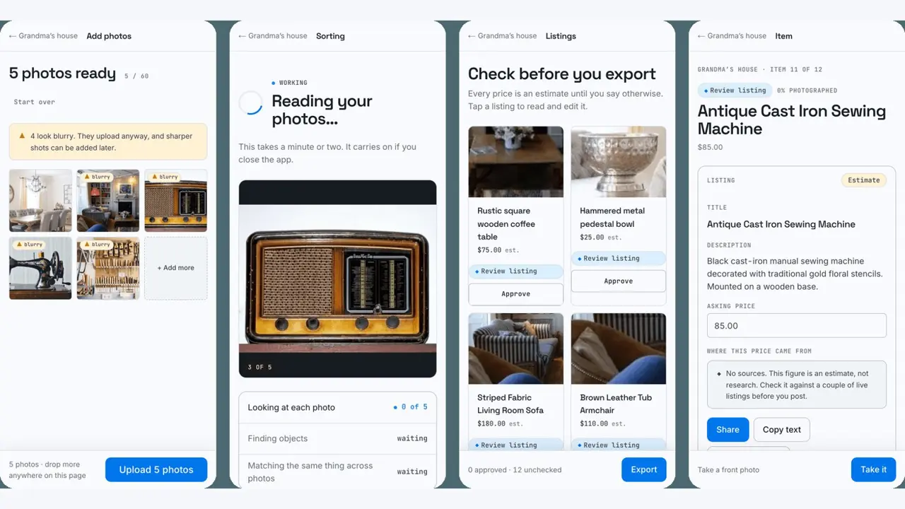 Clearspace flow: adding photos, sorting them, checking listings, and one finished listing