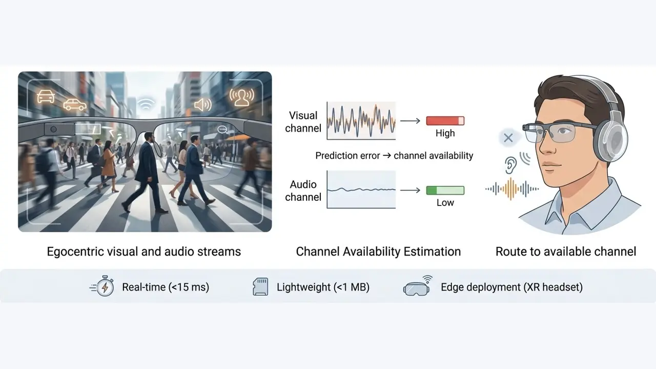 HeadRoom teaser: egocentric visual and audio streams, channel availability estimation from prediction error, and routing to the available channel