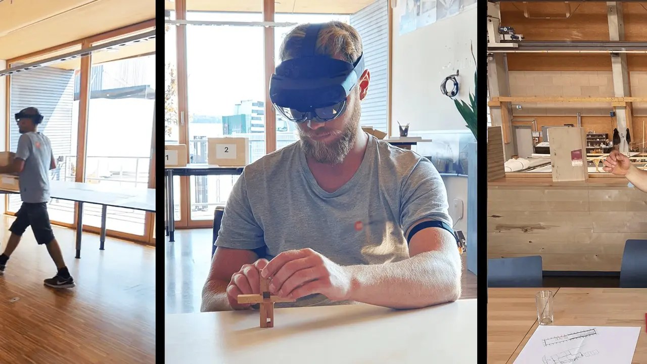 A carpenter wearing a HoloLens assembles a small timber joint at a desk during the study
